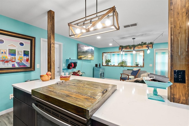 kitchen with hardwood / wood-style floors and pendant lighting