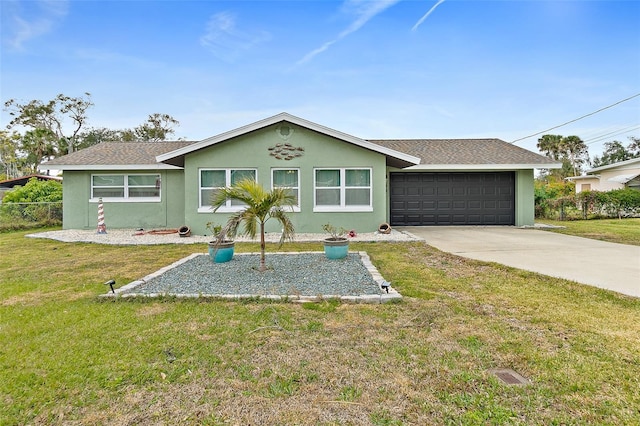 single story home with a garage and a front yard