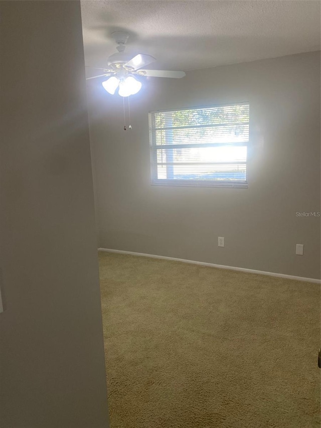 carpeted empty room featuring ceiling fan and a textured ceiling