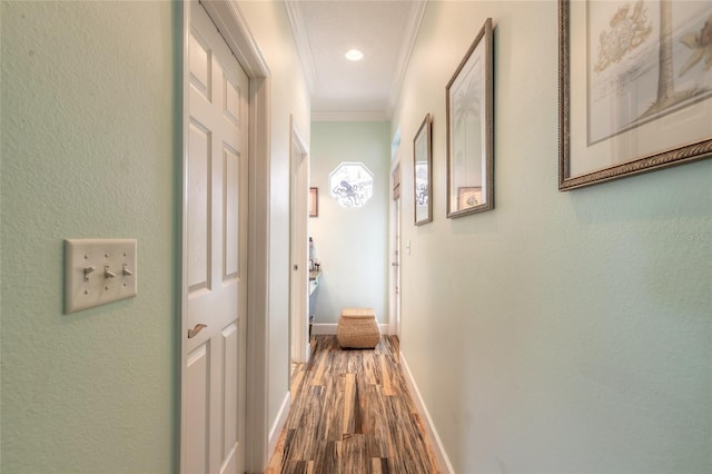 hall with ornamental molding and wood-type flooring