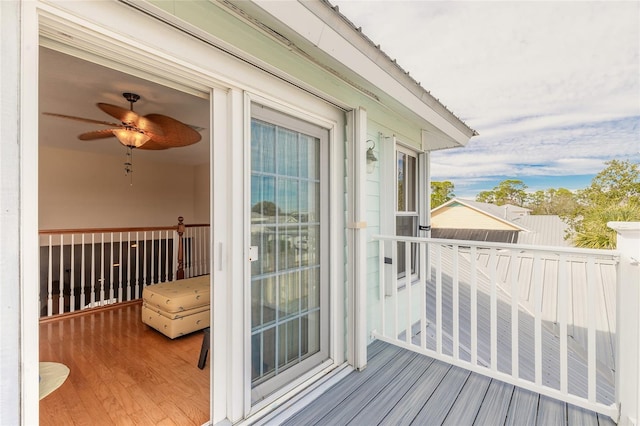 balcony featuring ceiling fan