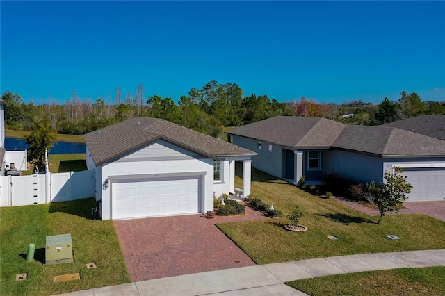 ranch-style house featuring a garage and a front lawn