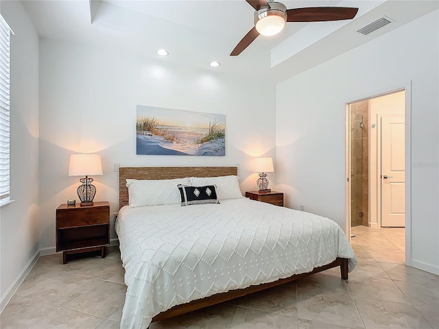 tiled bedroom featuring baseboards, visible vents, a ceiling fan, and recessed lighting