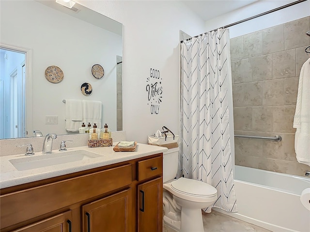 full bathroom with toilet, shower / tub combo, visible vents, and vanity