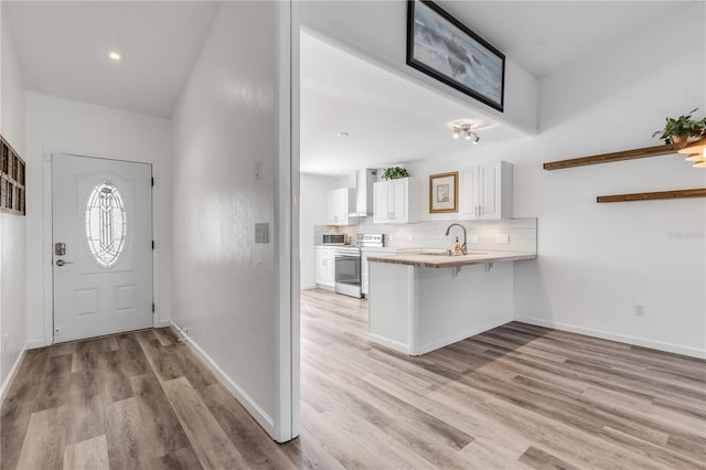 entrance foyer featuring sink and light wood-type flooring