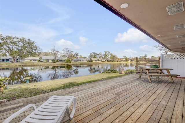 wooden terrace featuring a water view