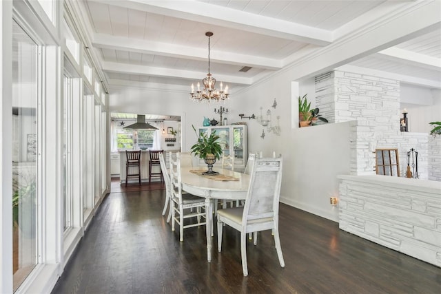 dining area featuring dark wood-type flooring, a chandelier, and beamed ceiling