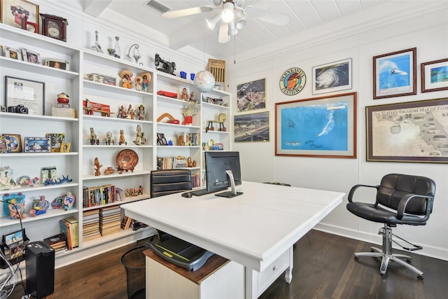 office featuring ceiling fan, dark hardwood / wood-style flooring, and beamed ceiling