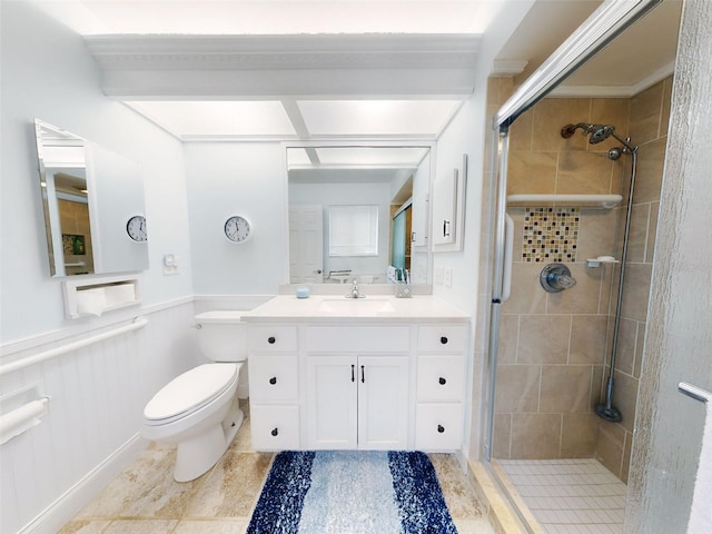 bathroom featuring vanity, tile patterned flooring, a shower with shower door, and toilet