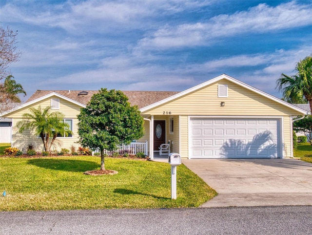 ranch-style home with a garage and a front lawn