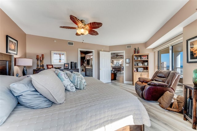 bedroom with light hardwood / wood-style flooring, ceiling fan, and access to outside