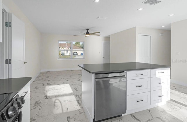 kitchen featuring ceiling fan, range, a center island, white cabinets, and stainless steel dishwasher