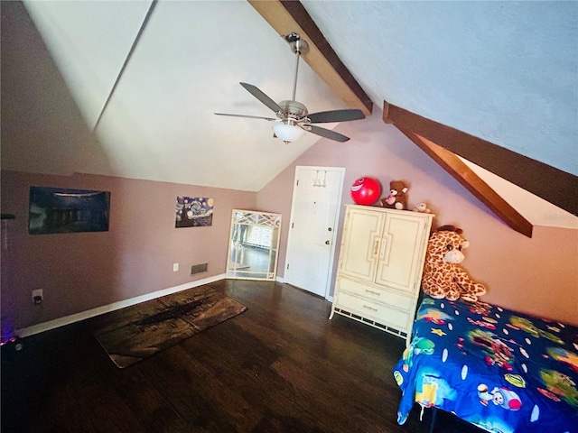 bedroom featuring vaulted ceiling with beams, dark wood-type flooring, and ceiling fan