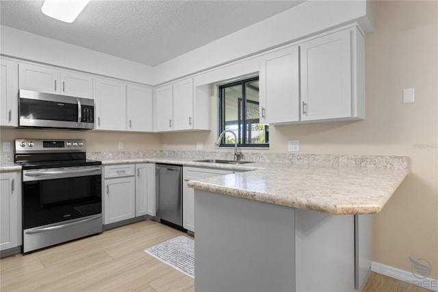 kitchen with white cabinetry, sink, kitchen peninsula, and appliances with stainless steel finishes