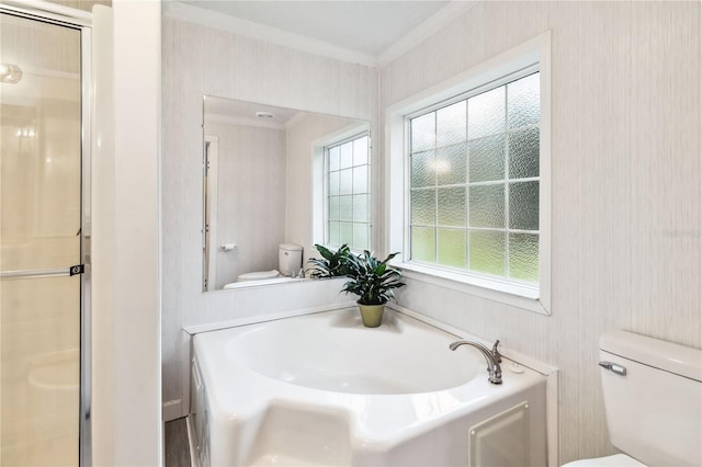 bathroom featuring a garden tub, ornamental molding, a shower stall, and toilet