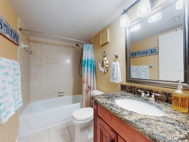 full bathroom with shower / tub combo with curtain, toilet, tile patterned flooring, and vanity