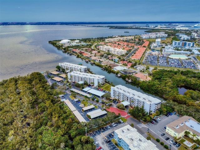 bird's eye view with a water view