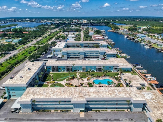 aerial view featuring a water view