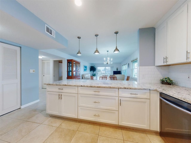 kitchen featuring white cabinetry, dishwashing machine, decorative backsplash, hanging light fixtures, and kitchen peninsula