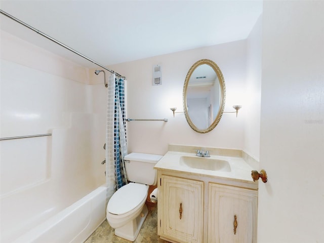 full bathroom with vanity, toilet, and shower / tub combo with curtain