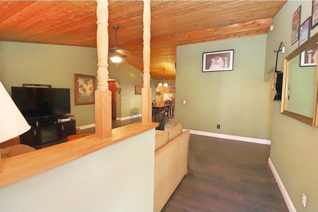 living room with dark hardwood / wood-style flooring and wood ceiling