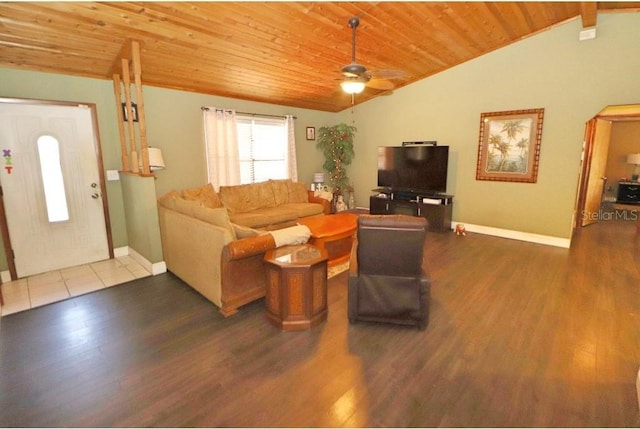 living room with hardwood / wood-style flooring, ceiling fan, lofted ceiling, and wooden ceiling