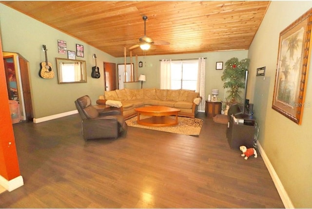 living room featuring wood ceiling, ceiling fan, lofted ceiling, and dark wood-type flooring