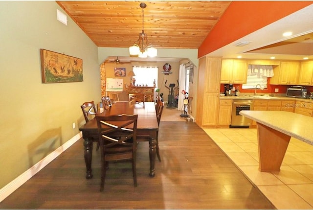 dining space featuring wood ceiling, sink, light hardwood / wood-style floors, and vaulted ceiling