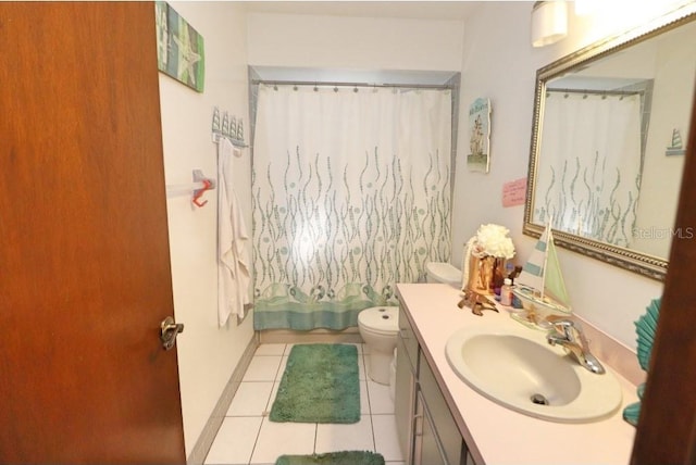 bathroom with a shower with shower curtain, vanity, toilet, and tile patterned flooring