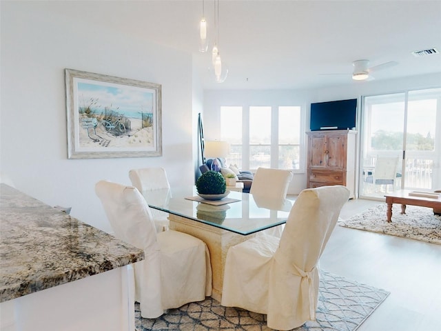 dining area with ceiling fan, plenty of natural light, and light hardwood / wood-style floors