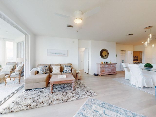 living room with ceiling fan and light wood-type flooring