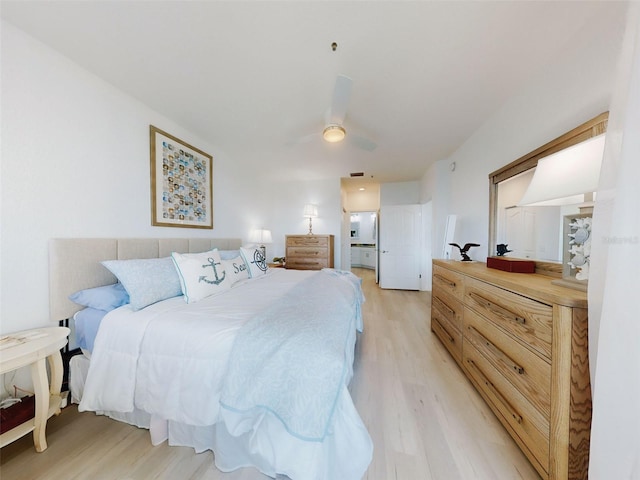 bedroom featuring ceiling fan and light hardwood / wood-style flooring