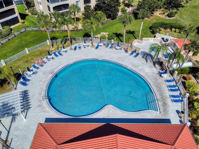 view of swimming pool with a patio area