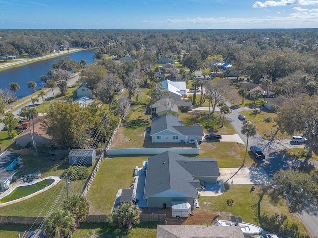 drone / aerial view with a water view