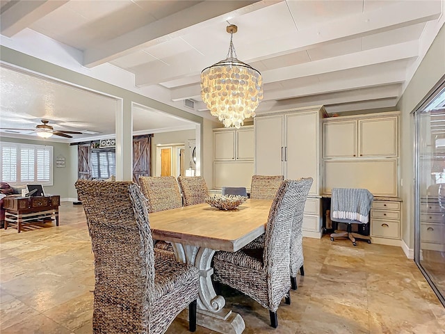 dining room with beamed ceiling and ceiling fan with notable chandelier