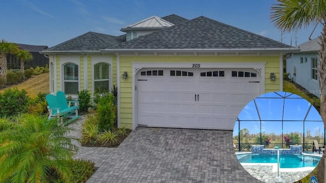 view of front facade featuring driveway, a shingled roof, and a lanai