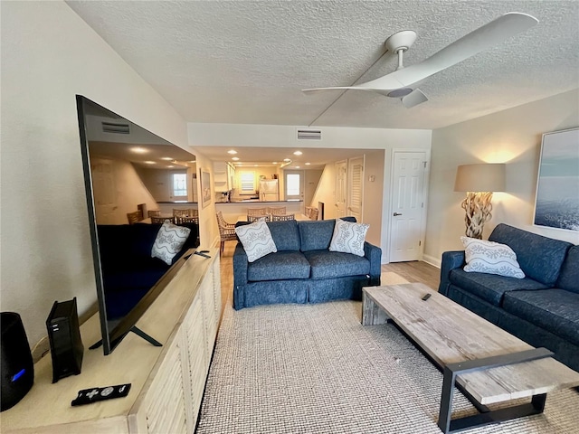 living room featuring a textured ceiling