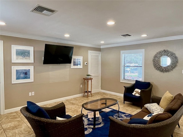 tiled living room with crown molding