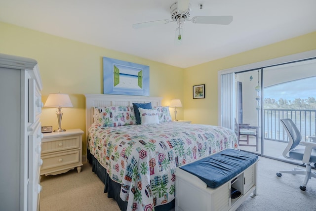 carpeted bedroom with ceiling fan and access to exterior