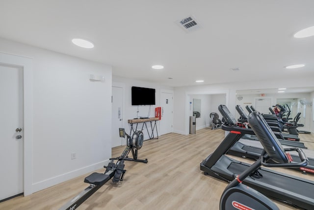 exercise room featuring light hardwood / wood-style flooring