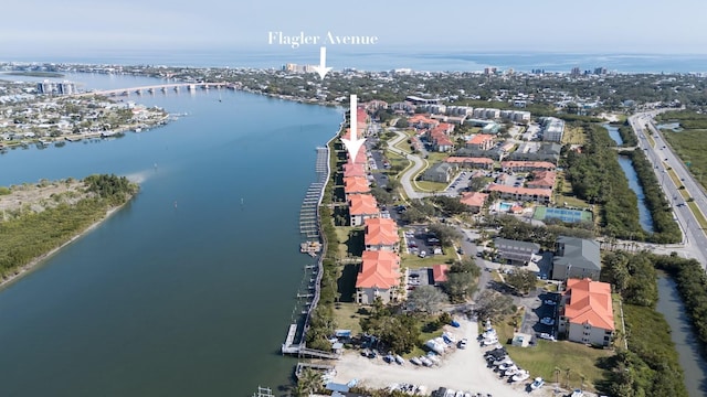 bird's eye view with a water view