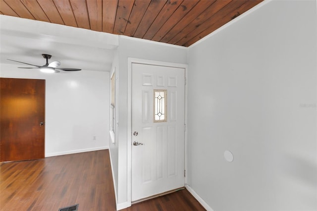 foyer with wood ceiling, dark wood-type flooring, and ceiling fan