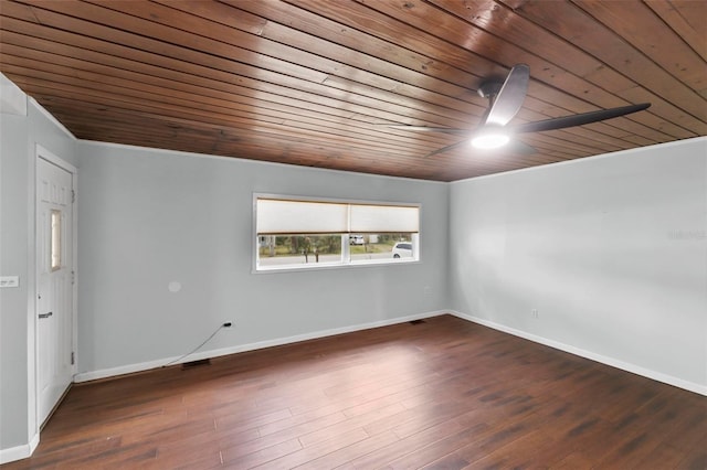 empty room featuring ceiling fan, wood ceiling, and dark hardwood / wood-style flooring