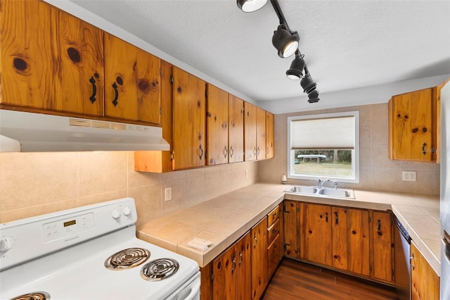 kitchen with tile countertops, white range with electric stovetop, sink, backsplash, and dark hardwood / wood-style flooring