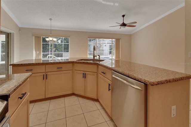 kitchen with light tile patterned flooring, sink, a textured ceiling, stainless steel dishwasher, and ceiling fan with notable chandelier