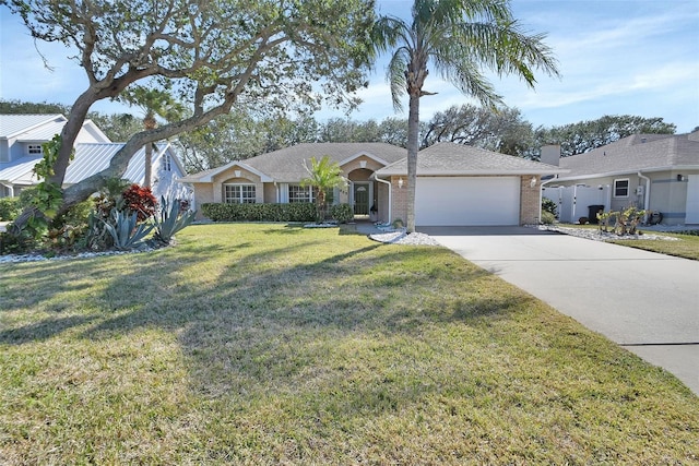 ranch-style home with a garage and a front yard