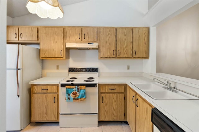 kitchen with vaulted ceiling, sink, light tile patterned floors, and white appliances