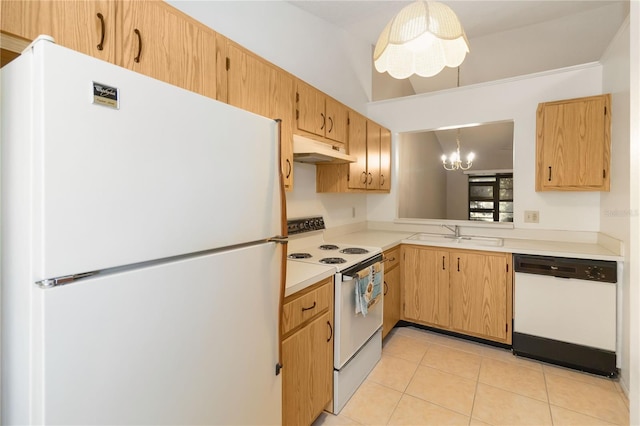 kitchen with decorative light fixtures, sink, light tile patterned floors, white appliances, and an inviting chandelier