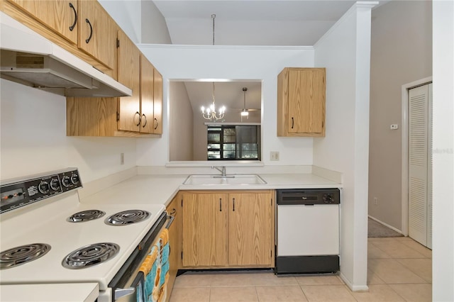 kitchen featuring range with electric cooktop, decorative light fixtures, sink, light tile patterned floors, and white dishwasher