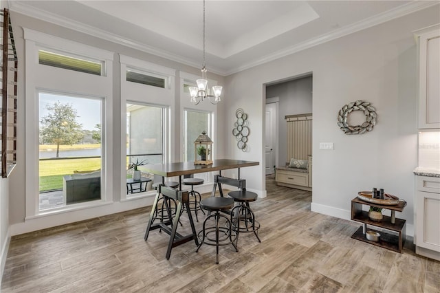 dining room with an inviting chandelier, a tray ceiling, and light wood-type flooring